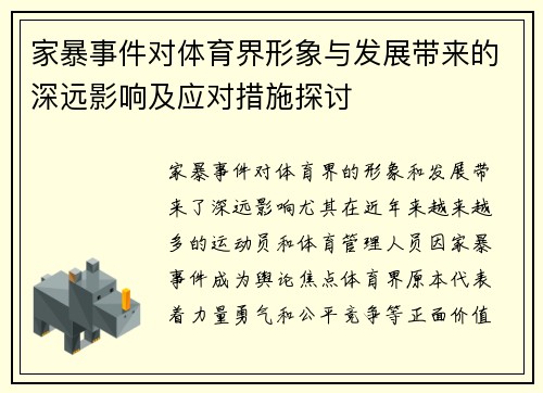 家暴事件对体育界形象与发展带来的深远影响及应对措施探讨